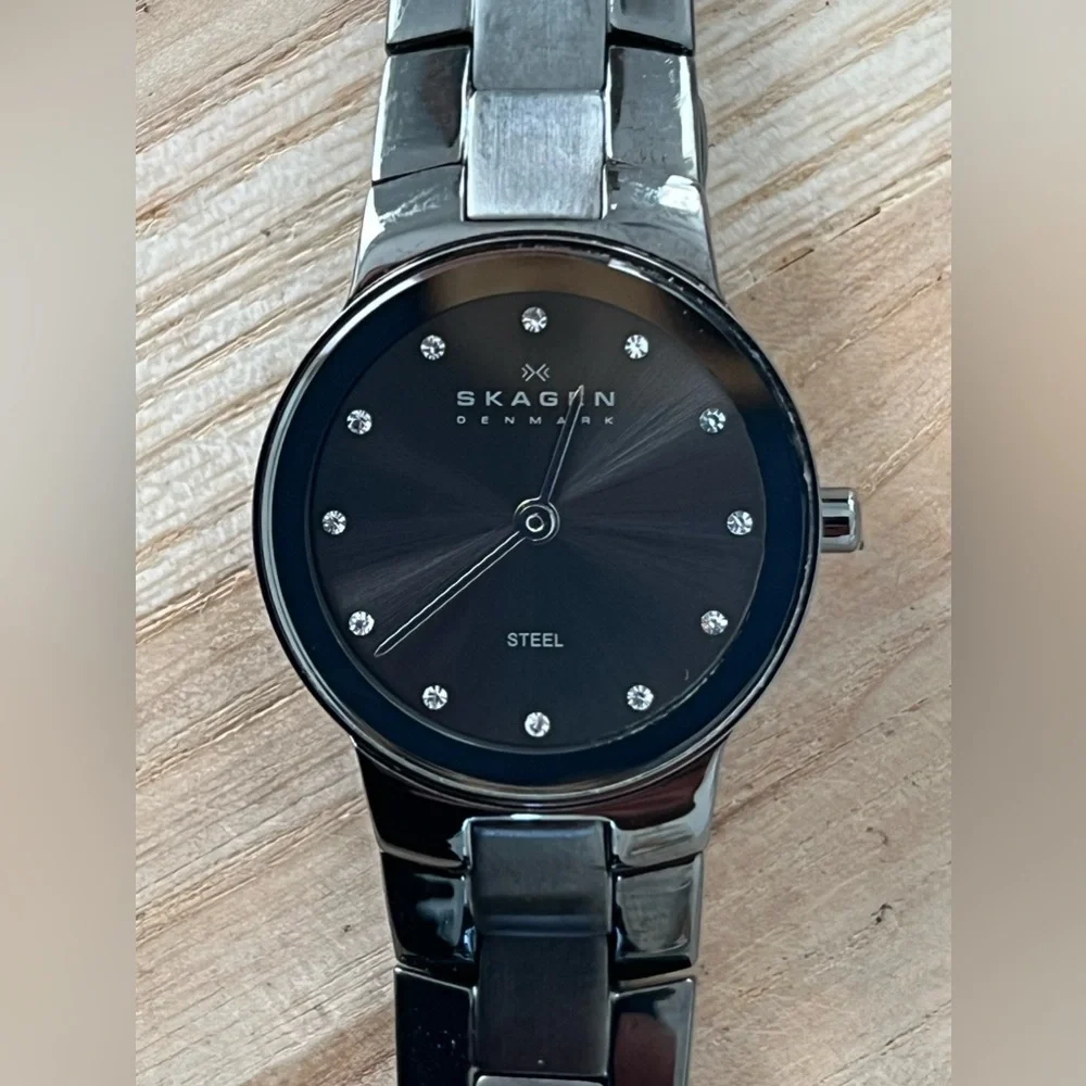 Skagen Steel Ladies Watch Black Dial Crystal Markers Black Stainless Bracelet
